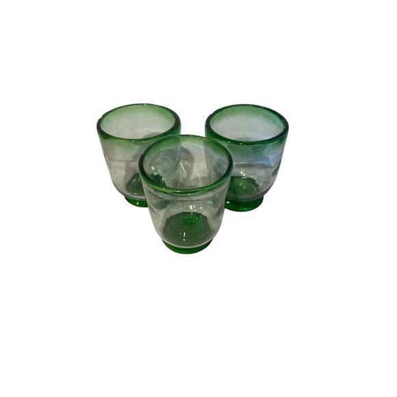Hand Blown Mexican Glass Green Rim & Base Irregular Drinking Glasses set of 3 - Picture 9 of 9